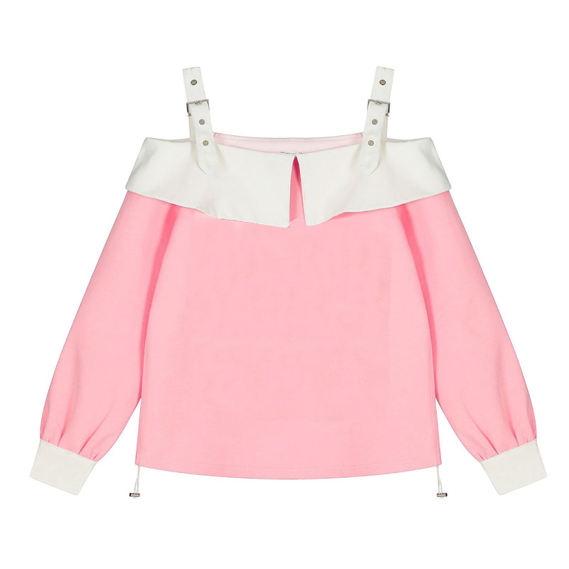 Cute Off-Shoulder Color-Block Long-Sleeve